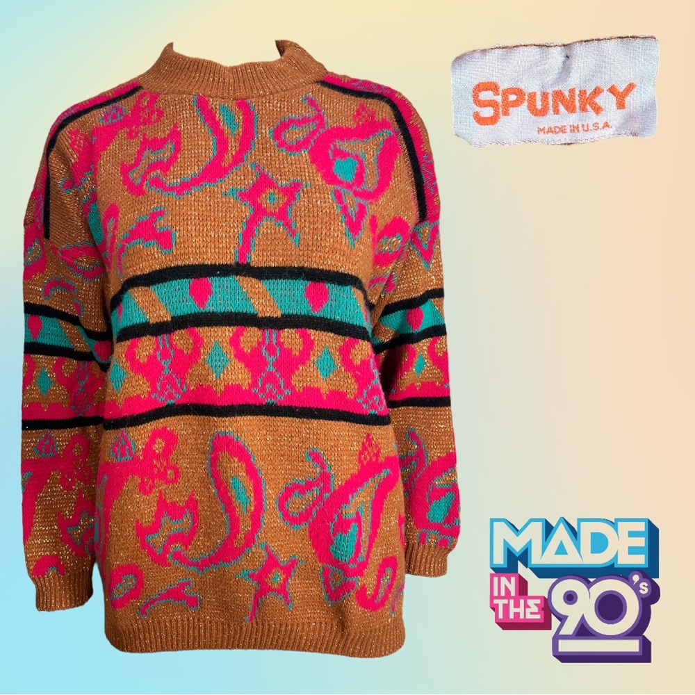 VTG 90'S SPUNKY Orange Pink Teal Metallic Vibrant Printed Acrylic Sweater M/L